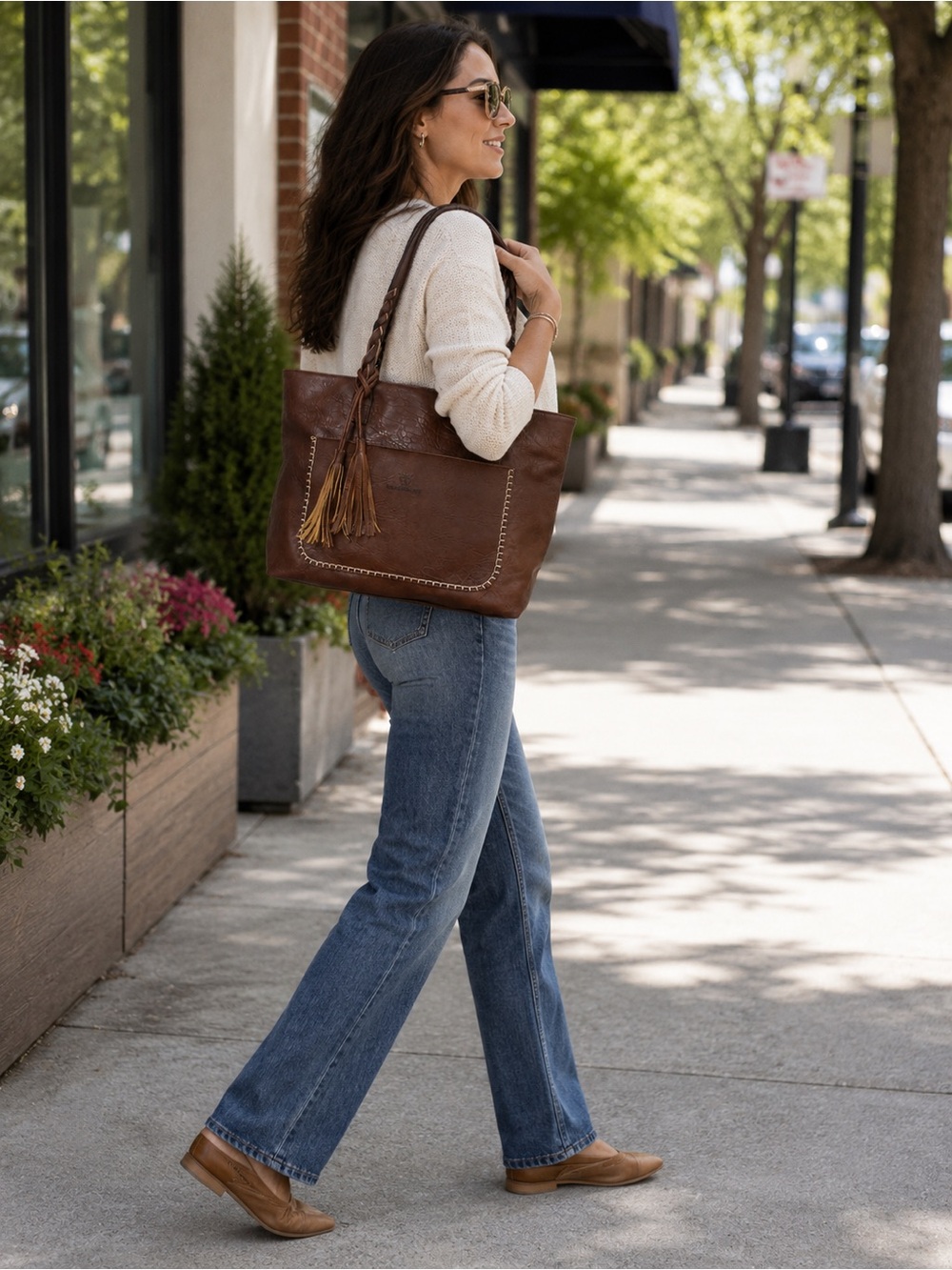 Weimeibaige Brown Braided Strap Oversized Tote Bag Tassel Whipstitch